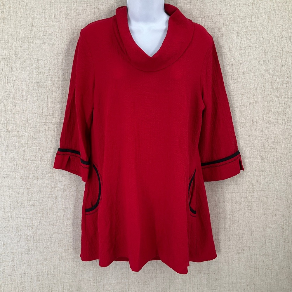 Ali Miles Tunic Womens M Red Cowl Neck 3/4 Sleeve Pockets Lightweight Crinkle